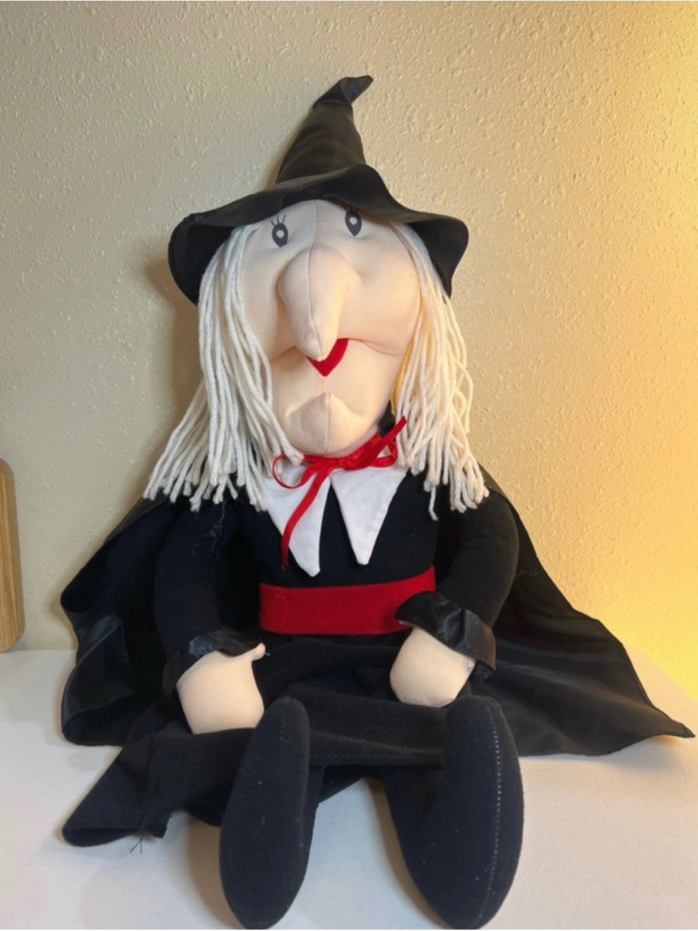 Vintage Plush Witch Holiday Decor Doll - Black and White Halloween